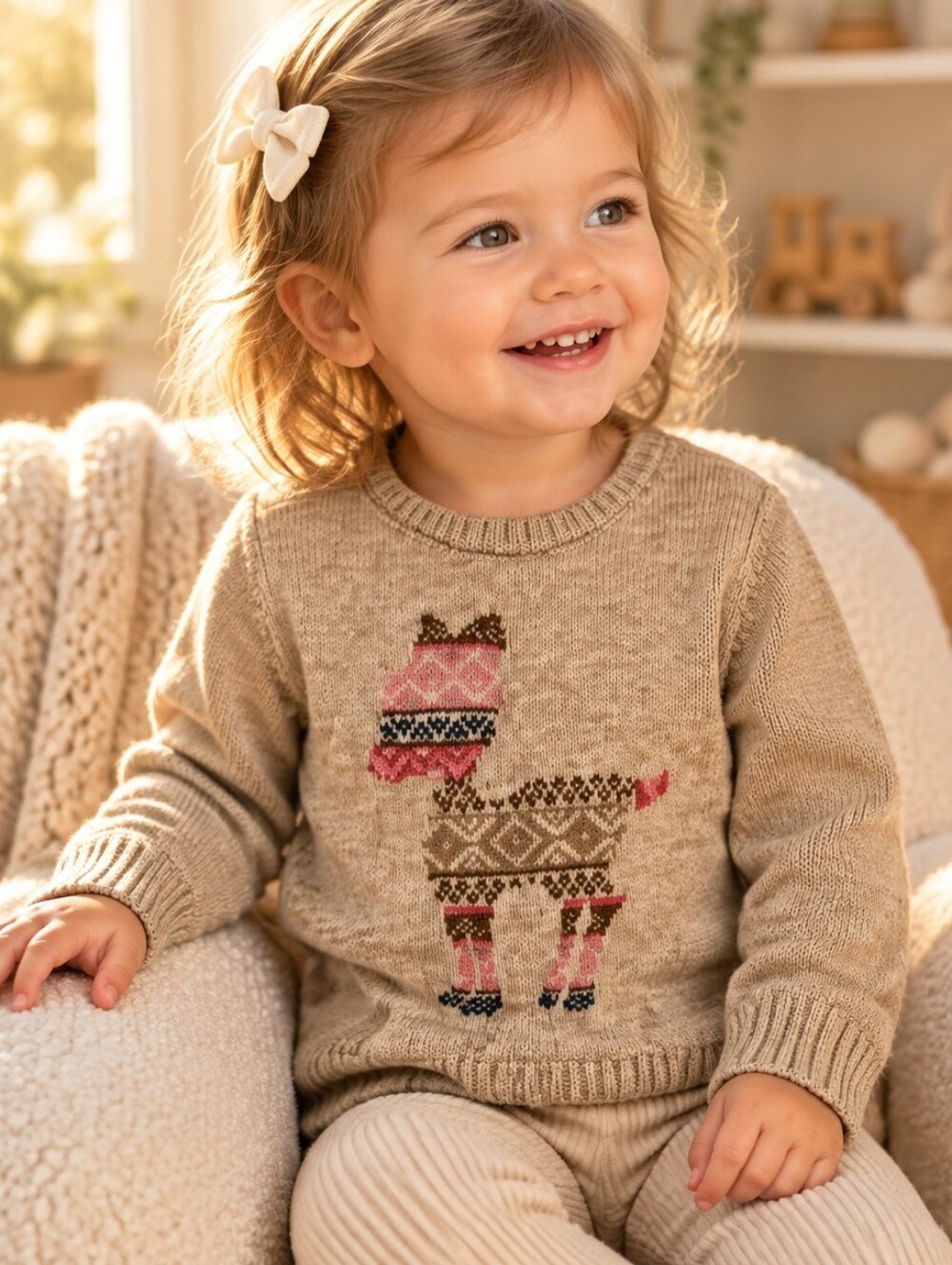 Girls Deer Fair Isle Angora Fur Knit Sweater Tunic 92cm/2Y 18/24M Tan Pullover